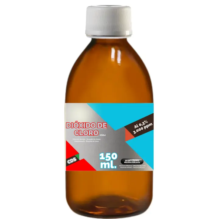 QWell® Solución Dióxido de Cloro 150 ml.  CDS/CDL  3.000 ppm al 0,3%  Registro Sanitario Alemán  Envase de Vidrio de Laboratorio Reutilizable  Con Precinto, Gotero y Vaso dosificador de Regalo - 1