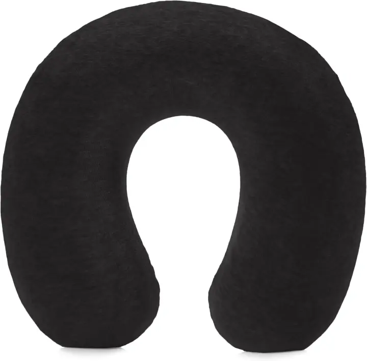 Almohada cervical de viaje de espuma viscoelástica con funda extraíble y correa elástica, negra, semicircular - 1