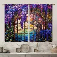 2pcs Cortina De Vidrio Estampada Con Flor De Wisteria Para Decoración Del Hogar - Bolso De Percha Para Dormitorio Oficina Cocina Y Sala De Estar - details 3
