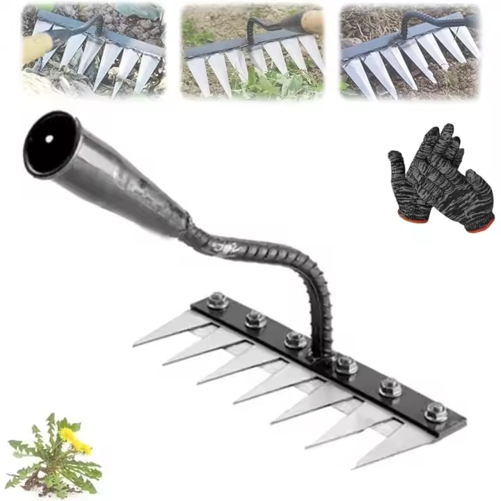 Rastrillo de hierro de alta resistencia para desherbar, 2.0, de acero al carbono para jardinería y desherbar, 5/6/7/8 dientes. Tiyekai - Desmalezadora manual de alta resistencia (7 dientes). - 1