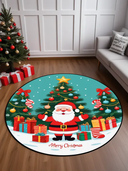VIKAMA Alfombra Redonda De Estilo Cartoon Navidad En Veludo De Cristal Resistente a La Suciedad Y Fácil De Atender Para Sala De Estar Dormitorio - 1