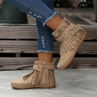 Botines De Otoño Para Mujer Zapatos Planos Botas De Tobillo Retro En Cuero Suelto Con Borlas Punta Redonda Suave Casual - details 17