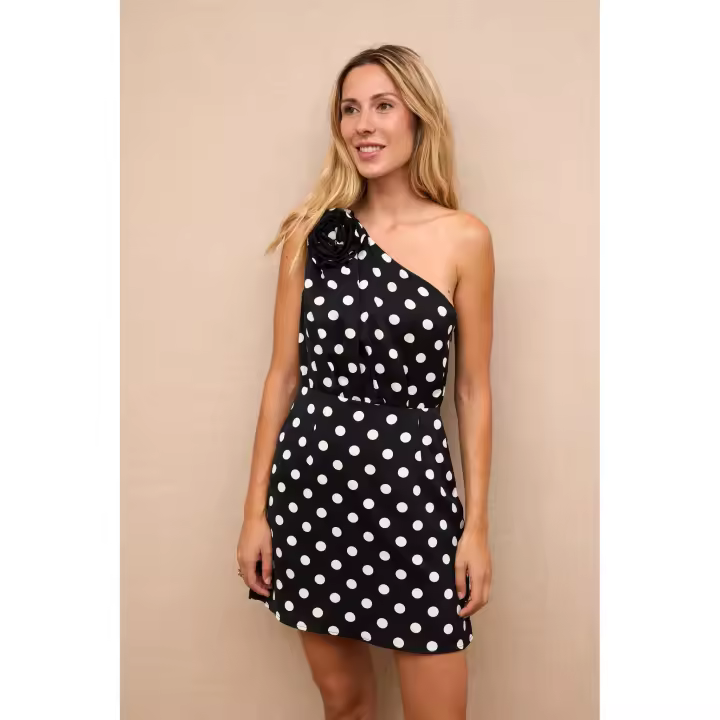 VESTIDO CORTO LUNARES ASIMÉTRICO - Vestido corto, lunares, estampado, asimétrico, sin mangas, flor, poliester, polyester, moda mujer, primavera, otoño, accesorio, hombro, Boda, Fiesta, Evento - 1