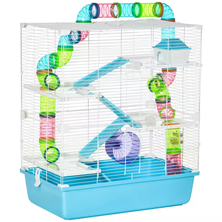 PawHut Jaula para Hámster Grande 59x36x69 cm Casa para Hámster con 4 Plataformas Tubos Comedero Bebedero 4 Rampas Rueda de Ejercicio y 2 Asas Portátiles Azul y Blanco - 1