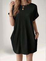 Vestido Corto Casual De Color Sólido Con Mangas En Forma De Murciélago Y Bolsillo Invisible Para Mujer Vestido De Verano De Polyester - details 3