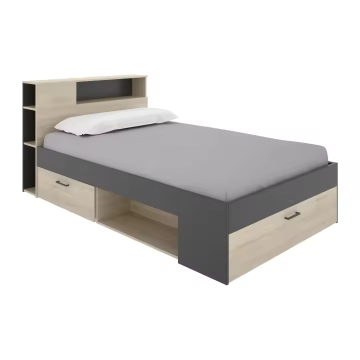 Cama con cabecero, almacenamiento y cajones - 120 x 190 cm - Color: natural y antracita - 1