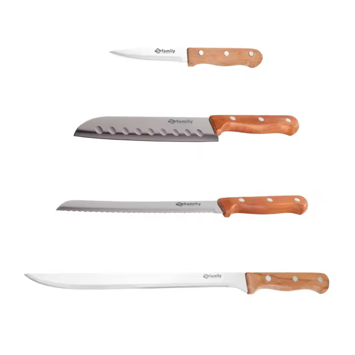 DESEOS Juego de 4 cuchillos de cocina imprescindibles Family | Cuchillo pelador | Cuchillo santoku | Cuchillo de pan | Cuchillo jamonero | Acero inox | Mango ergonómico de madera - 1