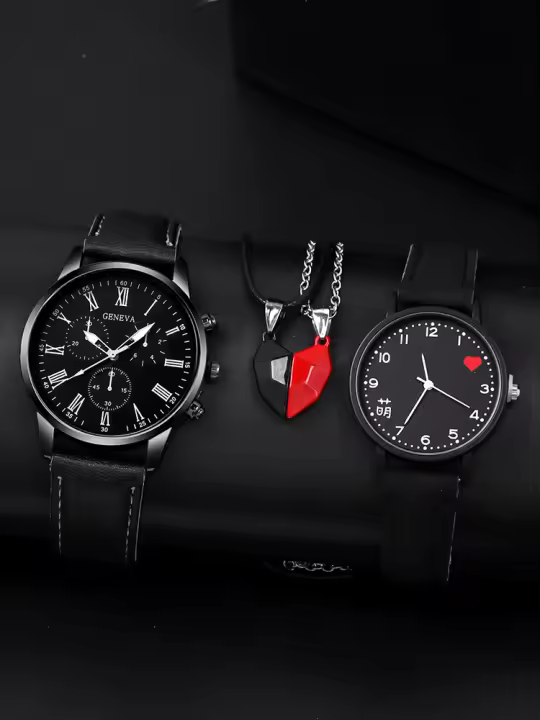 Reloj De Cuero Simples Para Negocios Casuales Con Correa De Cuero Y Collar Magnético De Amor Para Parejas Set De 4 Piezas Movimiento De Cuarzo - 1