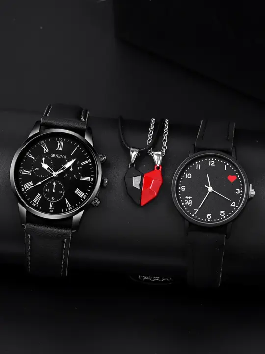 Reloj De Cuero Simples Para Negocios Casuales Con Correa De Cuero Y Collar Magnético De Amor Para Parejas Set De 4 Piezas Movimiento De Cuarzo - 1