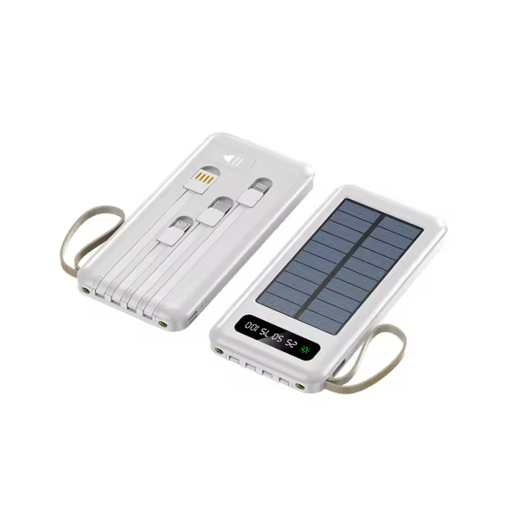 Banco de energía solar de 20000 mAh, cargador portátil, gran capacidad, 4 cables integrados, compatible con todos los teléfonos inteligentes y dispositivos USB. - 1