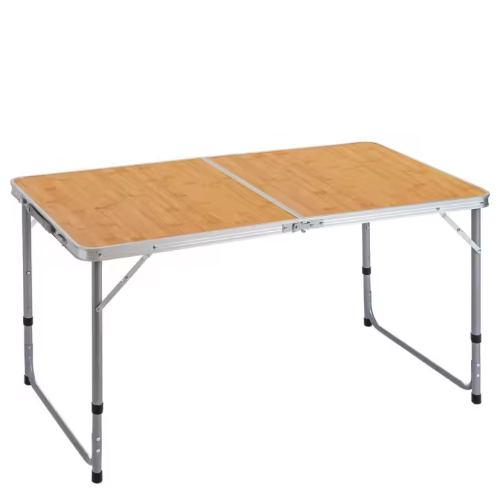 Mesa plegable camping y playa 120x60x70 cm, atura regulable 50-60-70 cm, mesa picnic portátil con asa transporte, patas plegables acero, tablero MDF aspecto madera nogal, marrón, antivuelco y compacta. - 1