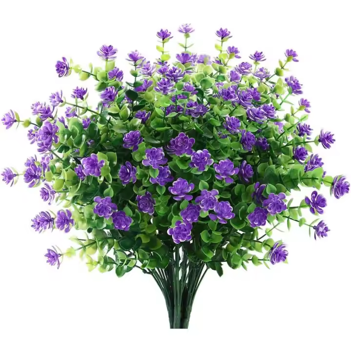 Flores artificiales para exteriores, flores falsas para decoración, resistentes a los rayos UV, que no se decoloran, plantas de plástico sintético para jardín, porche, ventana, jardinera (6 paquetes, morado) - 1