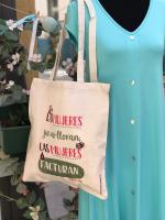 Aires Nuevos Bolsa de tela de poliéster tipo lino nature "Las mujeres ya no lloran, las mujeres facturan". Shakira. Tote bag. DIY. Original. Regalos. Personalizados. - details 1