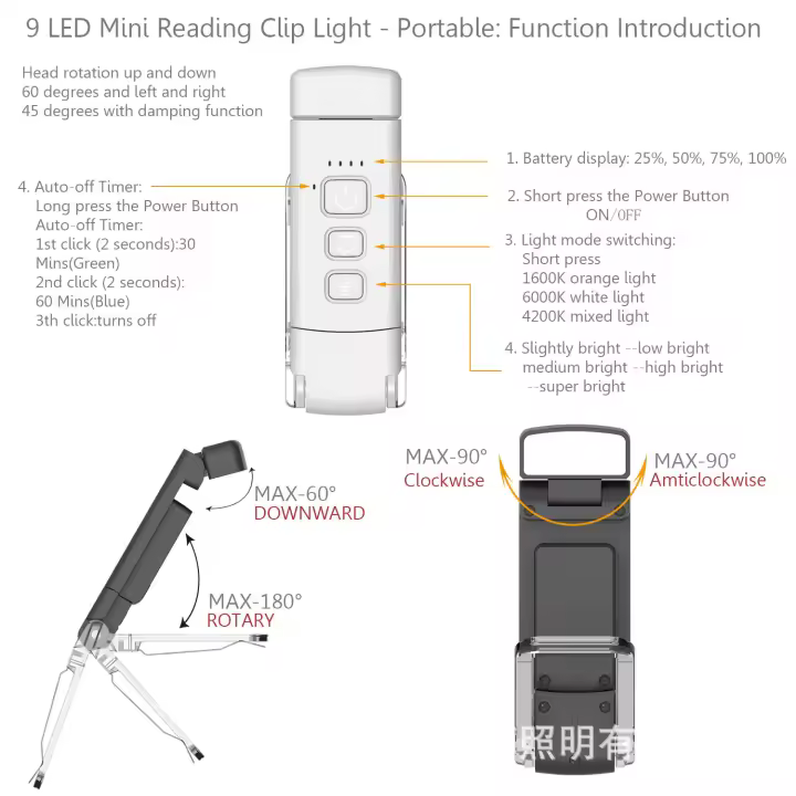 Lámpara de lectura con clip para libros, ideal para leer en la cama, regulable, portátil y flexible, color blanco. - 1