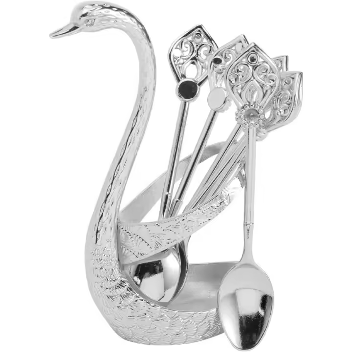 Juego de cucharas de postre para café, base decorativa con forma de cisne, incluye 6 cucharas para café, azúcar, helado y pastel (plateadas). - 1