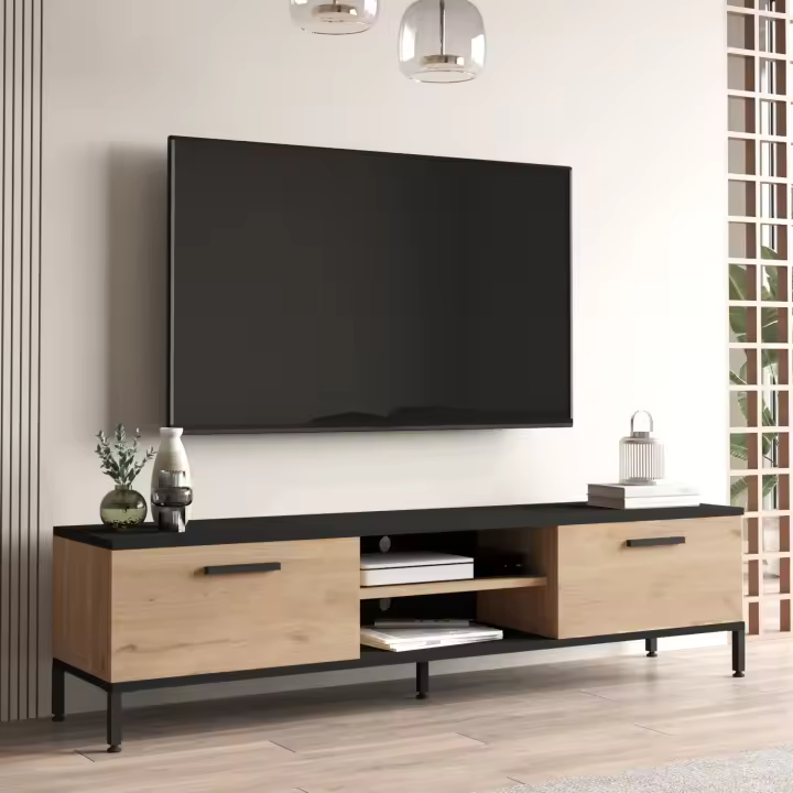 Mueble TV Lempäälä con 2 estantes y 2 puertas aglomerado/metal 39 x 160 x 35 cm - Efecto roble / Negro [en.casa] - 1