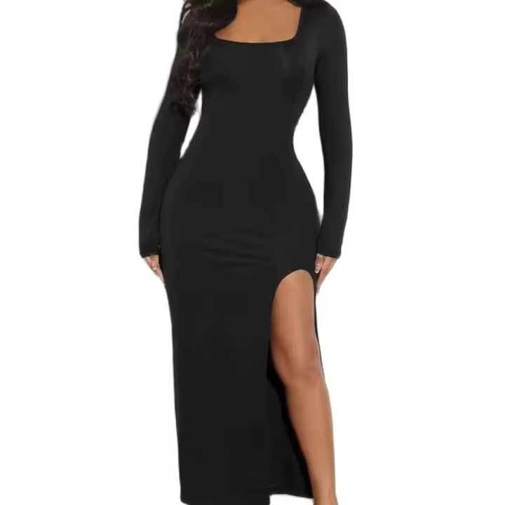 Vestido De Mujer Con Cuello En U Grande Estilo Europeo Y Americano Para Otoño E Invierno Slim Fit Y De Rodilla Con Cuello Descubierto - 1