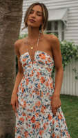 Vestido Maxi Bohemio De Verano Para Mujer En Chiffon Floral Sin Mangas Cuello En V A-Line Largo Con Espalda Descubierta Y Volante - details 23