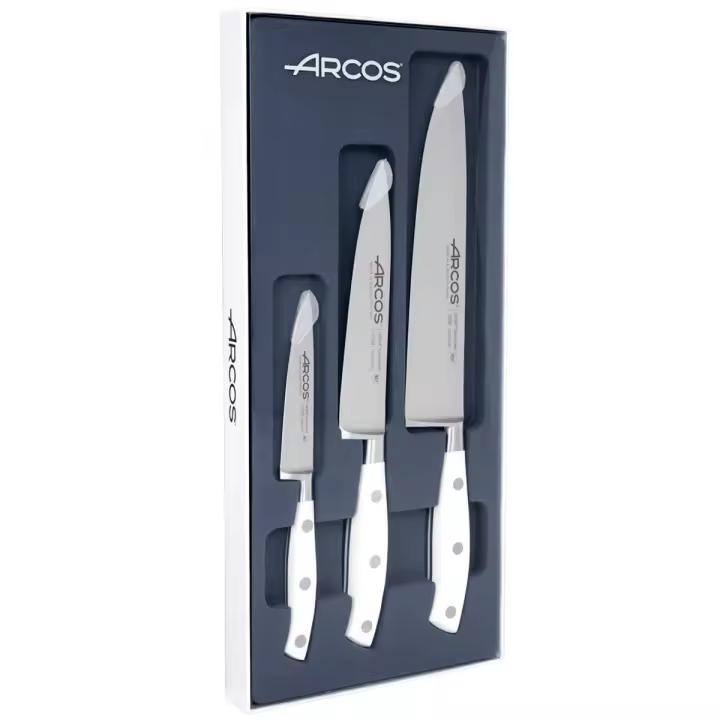 ARCOS Riviera Blanc - Set 3 Cuchillos de Cocina (100, 150 & 200 mm) - Hoja de Acero Inoxidable Forjado Nitrum® - Mango Blanco de Polioximetileno (POM) - Caja Regalo - 1
