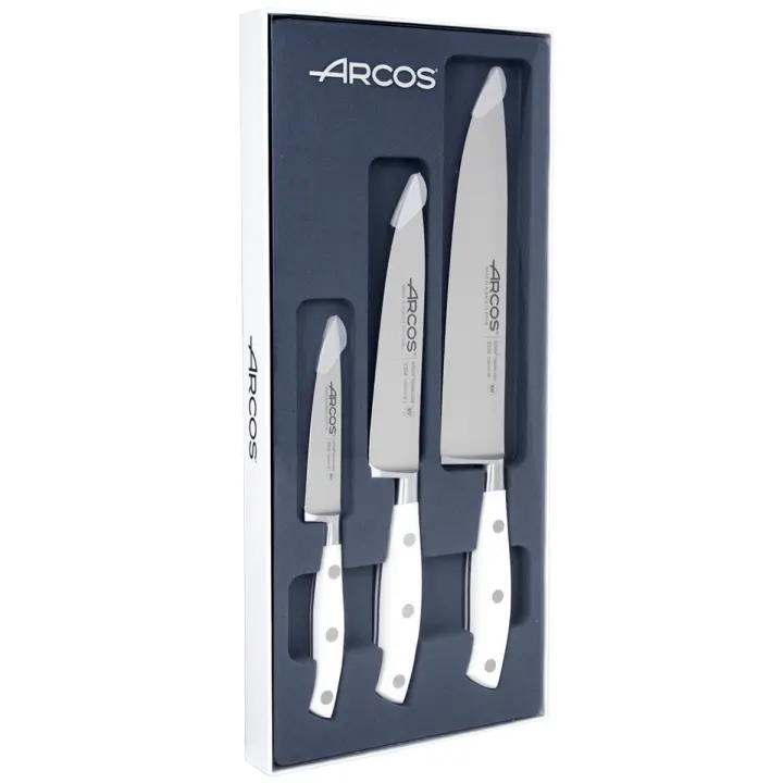 ARCOS Riviera Blanc - Set 3 Cuchillos de Cocina (100, 150 & 200 mm) - Hoja de Acero Inoxidable Forjado Nitrum® - Mango Blanco de Polioximetileno (POM) - Caja Regalo - 1