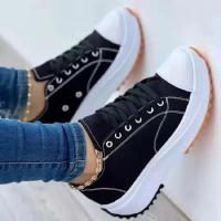 Zapatos De Lona Blanca Clásica 2024 Para Mujer Zapatillas De Cordones Sólidos Plataforma Casual Zapatos De Vulcanizaci\u00f3n Para Adultos - details 7