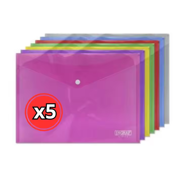 SOBRES A4 TRANSPARENTE POLIPROPILENO CON BROCHE VARIOS COLORES INGRAF PARA OFICINA - PACK DE 5 UNIDADES - 1