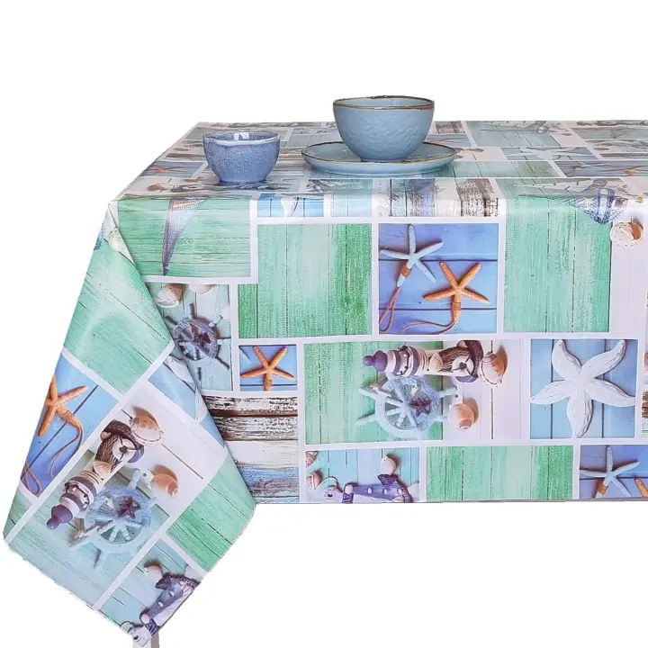 Mantel PVC, Mantel de hule, Impermeable, Para el hogar, cocina y comedor, Fácil de limpiar, Para mesa rectangular, Lamina superior 100%PVC, Base Algodón, Verano, Playa, Picnic, Estrella de Mar, Plantas,Azul, Amarillo - 1