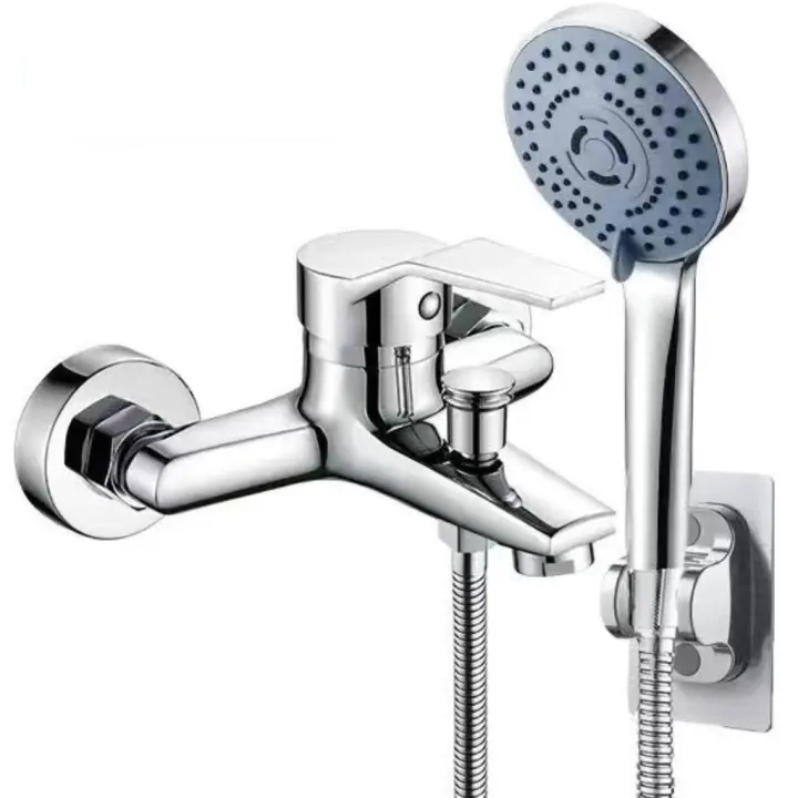 Grifo de bañera con ducha de 5 funciones, grifo de bañera cromado con soporte de pared y manguera de ducha de 150 cm para ducha de baño, Griferia para Baño Completo - 1