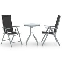 vidaXL Muebles bistró para jardín 3 pzas aluminio y textilene en color Plateado/Negro | almacenamiento funcional diseño moderno para baño dormitorio sala - details 0