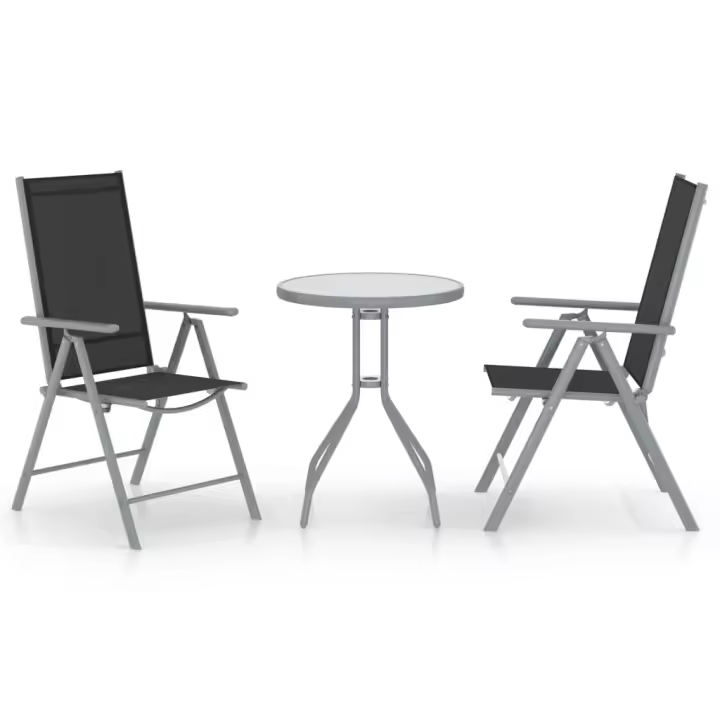 vidaXL Muebles bistró para jardín 3 pzas aluminio y textilene en color Plateado/Negro | almacenamiento funcional diseño moderno para baño dormitorio sala - 1