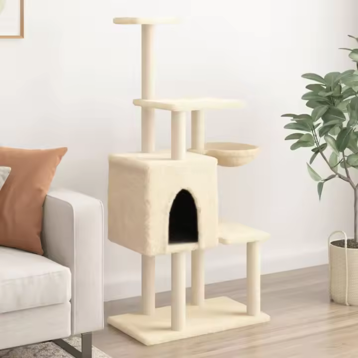 vidaXL Rascador para Gatos con Postes de Sisal Torre Gatitos 131 cm Color Crema,  Gris claro,  Gris oscuro y mas - 1