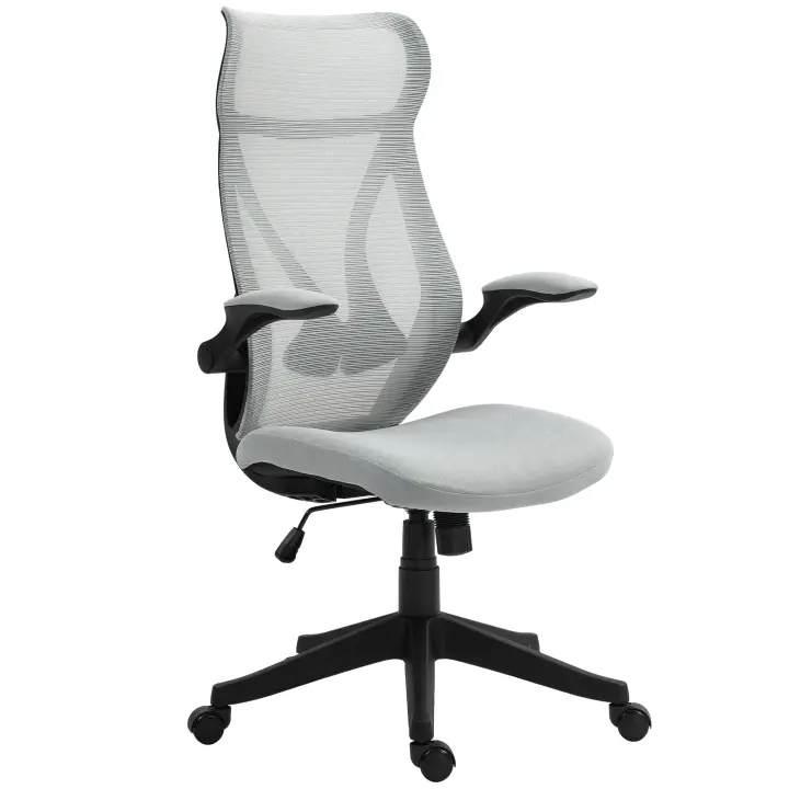 HOMCOM Silla de Escritorio de Malla Silla de Oficina Giratoria con Altura Ajustable Reposabrazos Abatibles y Función de Basculante Silla para Estudio Carga 120 kg Gris Claro - 1