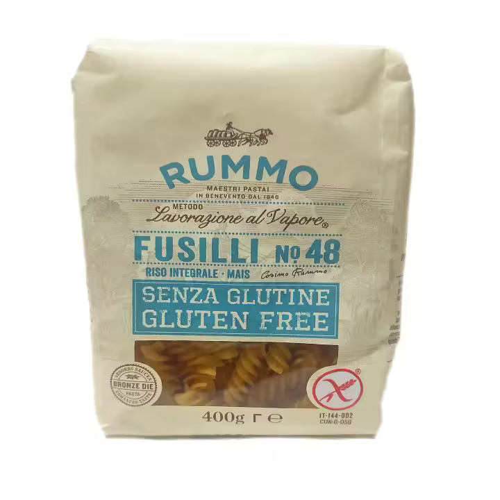 Pasta Italiana Rummo Fusilli SIN Gluten con harina de arroz integral y maíz Nº48 400g. Calidad superior. - 1