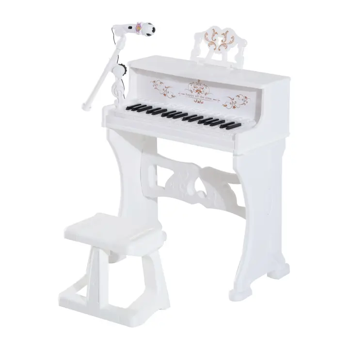 HOMCOM Piano Electrónico Infantil de 37 Teclas Juego de Piano con Modelo Pedagógico Micrófono Taburete Luces y 22 Canciones USB/MP3/Bluetooth Karaoke 53,5x27x63 cm Blanco - 1