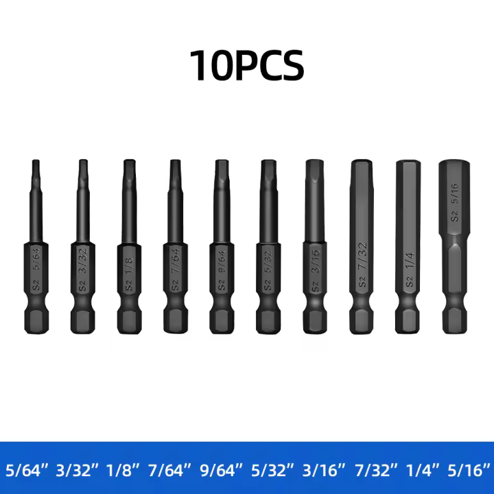 Juego De 10 Piezas De Destornilladores De Cabeza Hexagonal Allen Para Taladro 1/4 Pulgada Con Extensores De Cabeza Magnética De Acero S2 Para Herramientas De Reparación Y Mantenimiento - 1