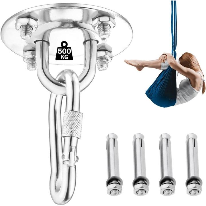 Gancho de techo, gancho de montaje en pared para colgar hamaca, yoga, silla colgante y saco de boxeo, kit de suspensión de entrenador de acero inoxidable con capacidad de 500 kg con mosquetón y tornillos de fijación