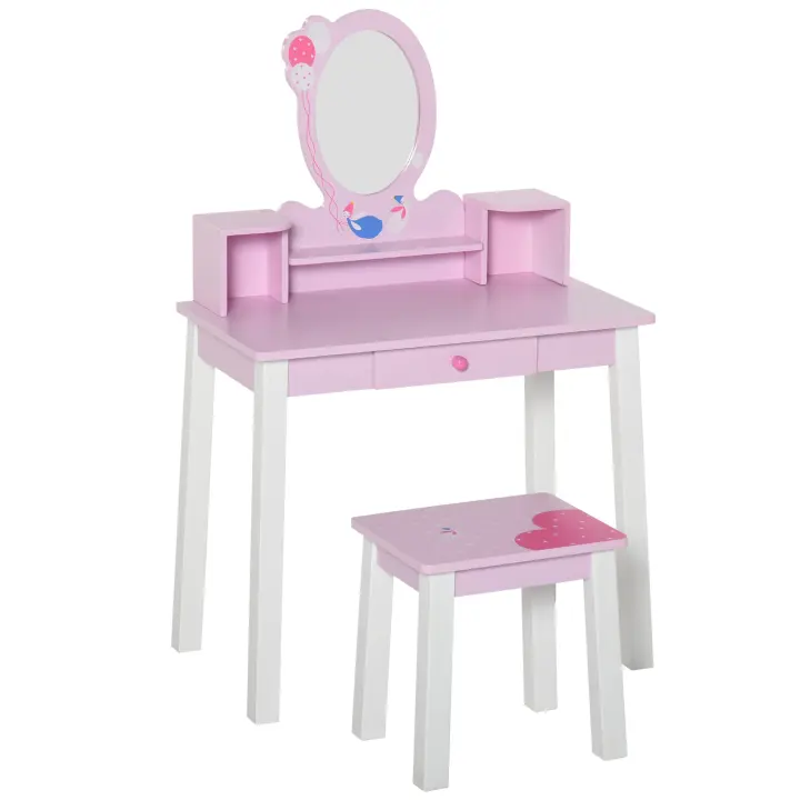 HOMCOM Tocador Infantil con Taburete y Espejo tipo Princesa Mesita de Maquillaje de Madera Rosa Juguete para Niñas 60x34x93 cm - 1