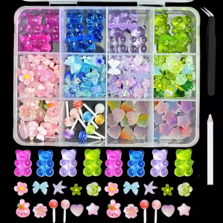 1Caja De Resina Dopa Colores Oso Gummy Estrellas Corazón Decoración Para Uñas Acrílicas Coloridas Flores Aurora Borlas Encantos Para Uñas DIY - 1
