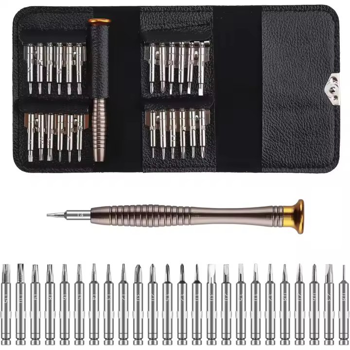 Juego de destornilladores de precisión en miniatura, kit de herramientas de reparación de destornilladores de precisión portátiles con estuche de cuero para computadora portátil, reloj, joyería, juguetes, 25 en 1 - 1
