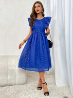 Vestido Midi Elegante Vintage De Verano Para Mujer En Tela Jacquard Con Volante Y Manga Butterfy Azul Para Fiesta Y Oficina - details 0