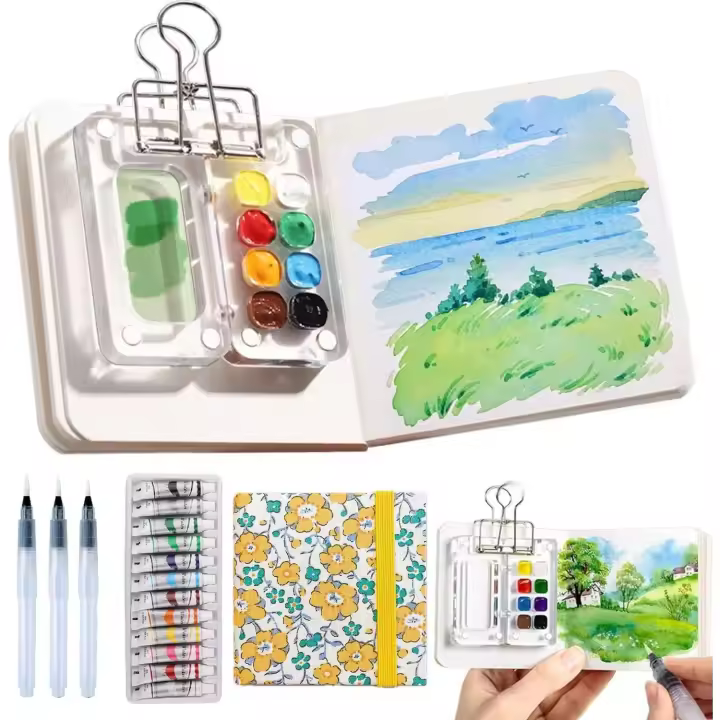 Mini juego de pintura de acuarela, kit de viaje de pintura con paleta de acuarela de bolsillo en miniatura y compacto con cuaderno de bocetos y caja de pintura acrílica de 8 cuadrículas, paquete de paleta de pintura lista para viajar - 1