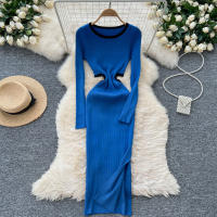 Vestido De Punto Para Mujer REALEFT Otoño Invierno Con Abertura Lateral Y Cuello Redondo Manga Larga Solido Vestido Recto De Oficina - details 0