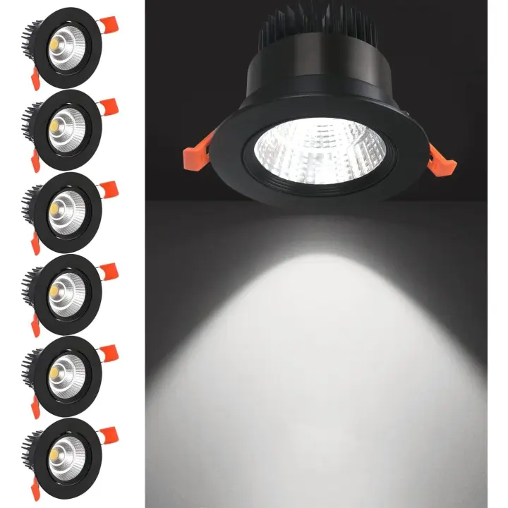 Paquete de 6 luces empotradas LED, 3W COB Lámpara de luz de techo empotrada Blanco frío 6000K Ángulo de ajuste 30 ° Recorte 70-80 mm (Negro) - 1