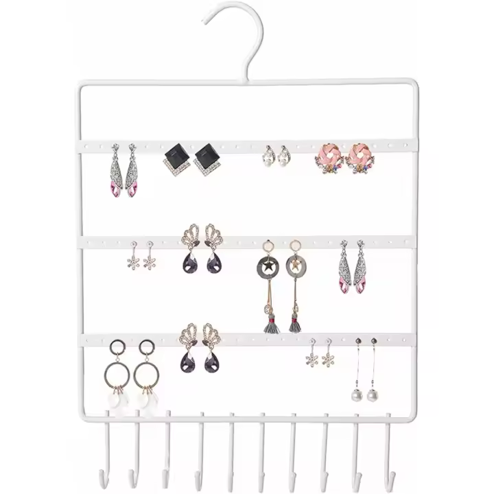 Organizador de Joyas de Pared, Soporte para Aretes, Colgador Pendientes Pared Blanco, 72 Hoyos y 10 Ganchos, Expositor de Pendientes, Collar, Aretes, Llave, Pulsera - 1