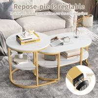 Set de Mesas de Centro Modernas Doradas 2 Piezas, Tablero Efecto Mármol Blanco, Diseño Redondo + Rectangular con Estante, Estructura Metálica y Almacenamiento Abierto - details 3