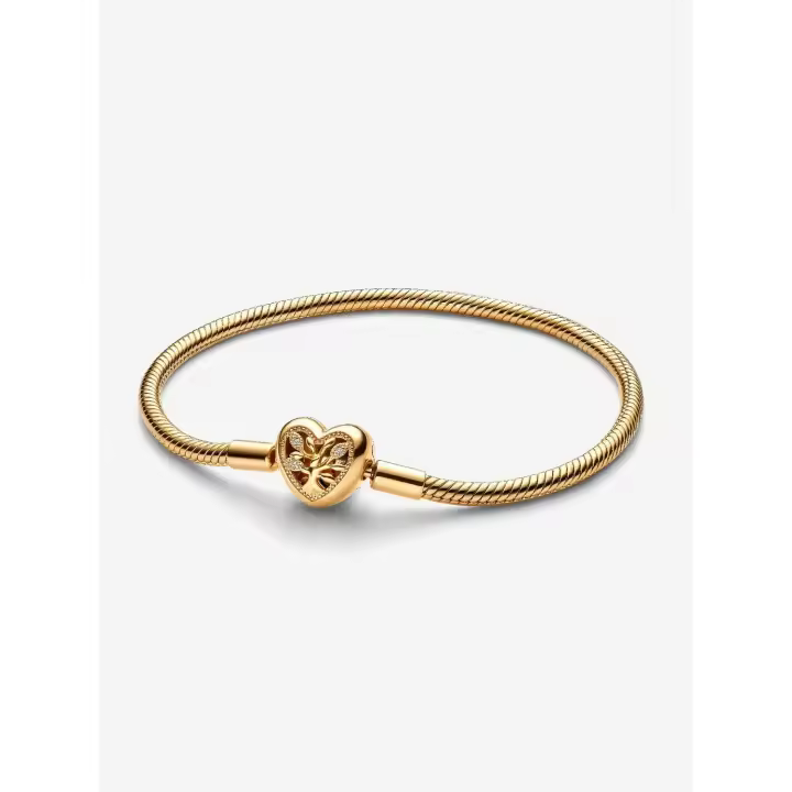 Genealógico-Baño de Oro de 14 Quilates Pandora - Pulsera de Cadena de serpiente con Cierres de corazón y árbol - 1