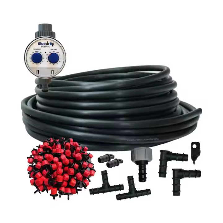 SUINGA Sistema Riego automático por goteo jardin 25 metros. Incluye tubo 16mm + 25 goteros + programador + accesorios de instalación - 1