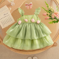 Vestido De Princesa Para Bebé Niña Verano Patrón De Tul Sólido Estilo Casual Halter Puff Faldón Corto Material Poliéster Talla True Fit - details 3