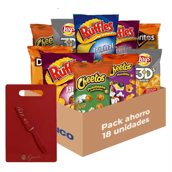Pack Regalo Snacks y Patatas Fritas - Lay's, Ruffles, Cheetos y Doritos: 3 Pandilla, 3 Pelotazos, 3 Tex-Mex y 3 3D's, 3 Jamón y Sal, Total: 723 g en 18 bolsas de Aperitivos Crujientes e Irresistibles + Tabla de Cortar y Cuchillo - 1