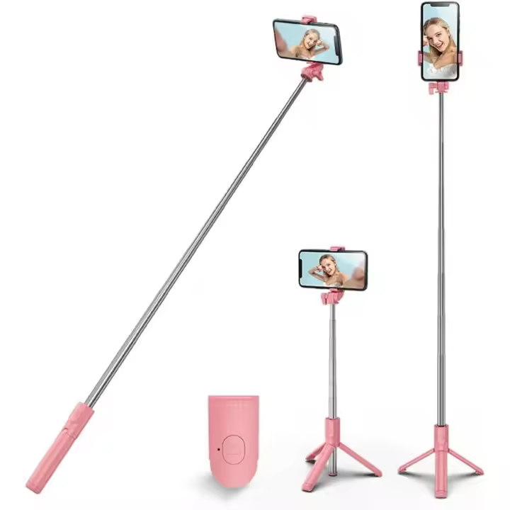 Trípode para selfies 3 en 1, extensible, con rotación de 360° y control remoto inalámbrico desmontable, compatible con iPhone, Android y Samsung (rosa). - 1